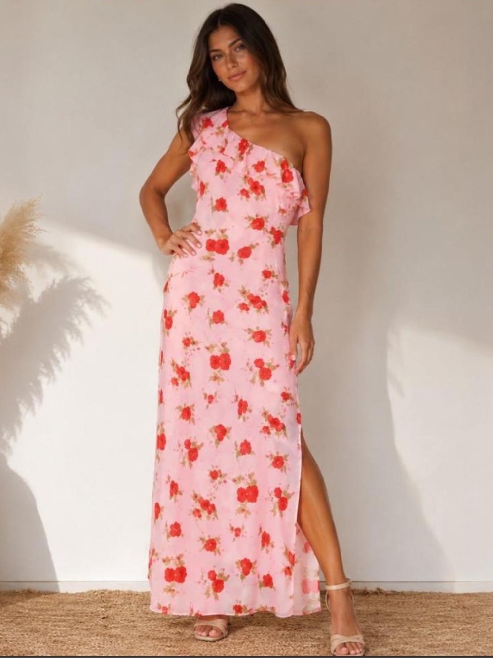 Pink Red Rose Floral One Shoulder Ruffle Chiffon Maxi Dress Small NWT